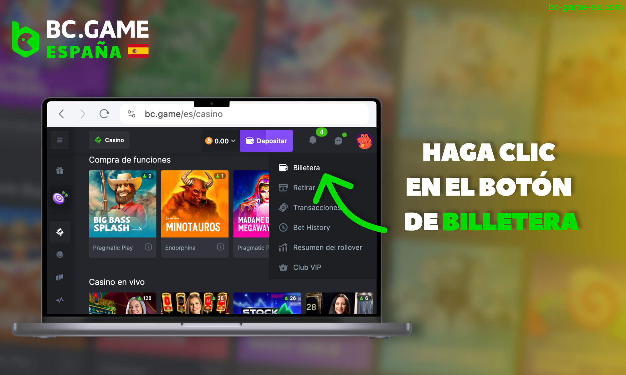 Vaya a la sección "Wallet" en el sitio web de BC Game España