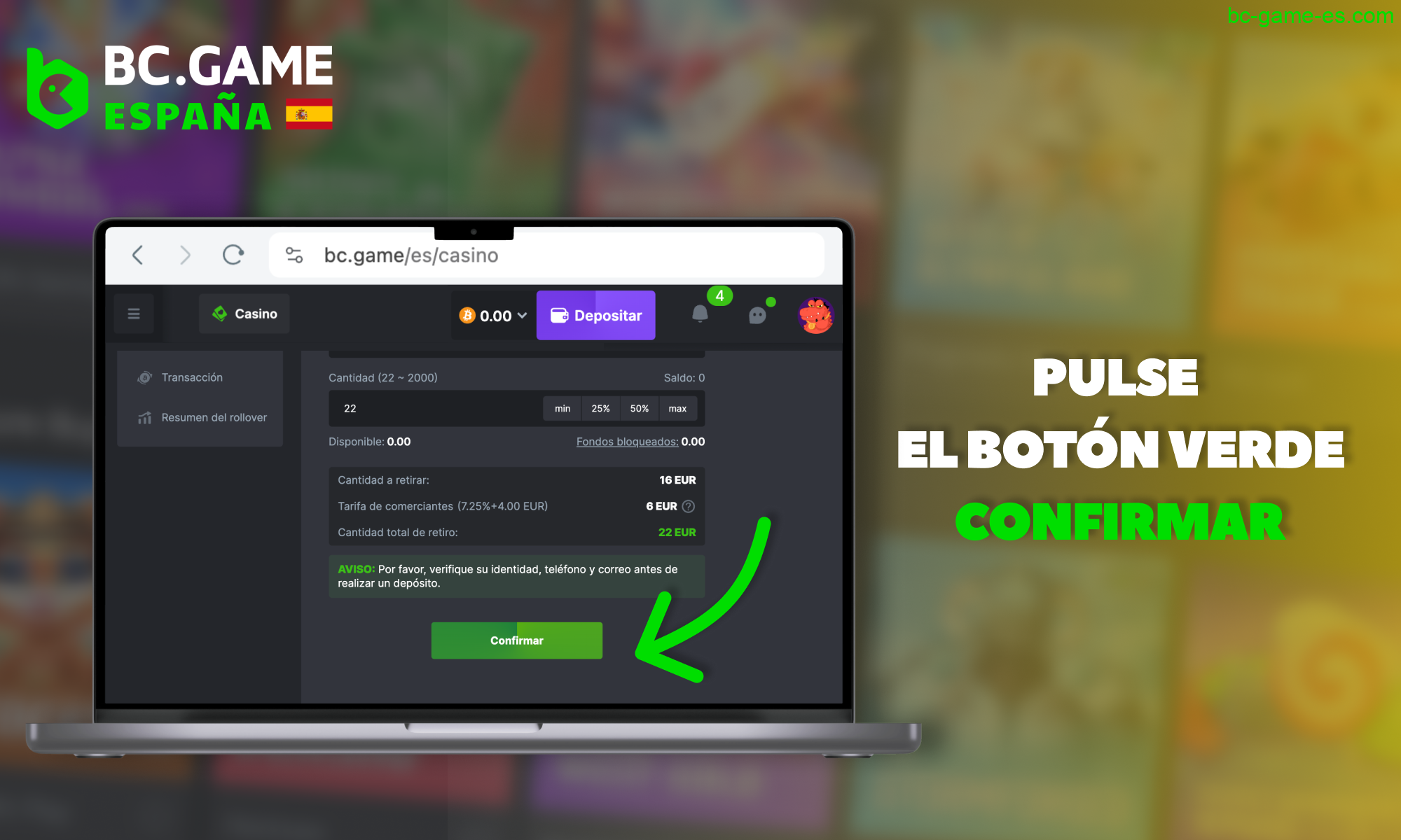 BC Game España - confirma el retiro de dinero presionando el botón