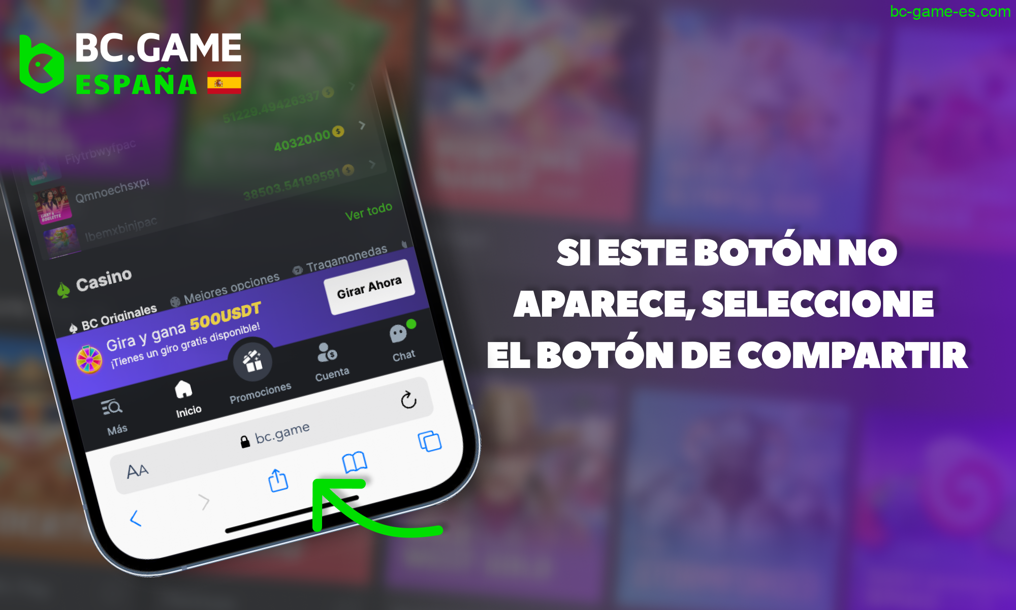 Haz clic en el botón "Compartir" de tu navegador para instalar la aplicación BC Game España