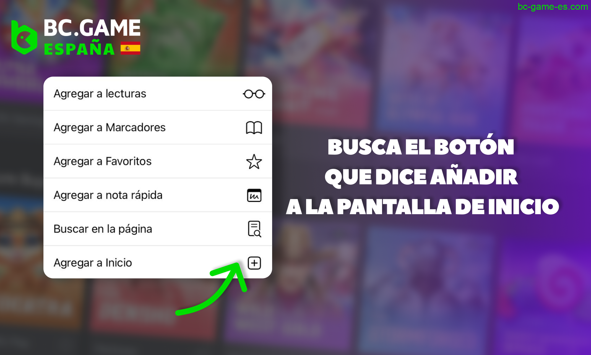 Haga clic en el botón "Agregar a inicio" para instalar la aplicación BC Game España