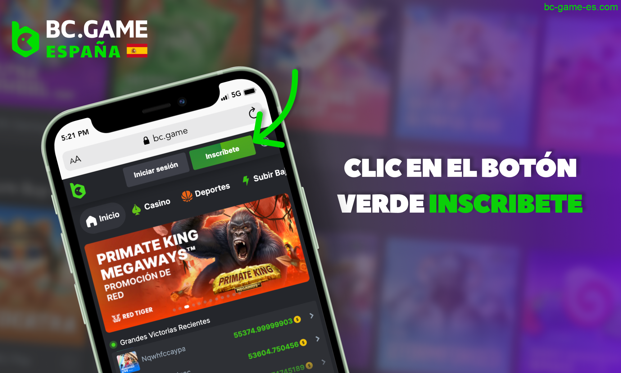 Haz clic en el botón "Inscribete" - BC Game España