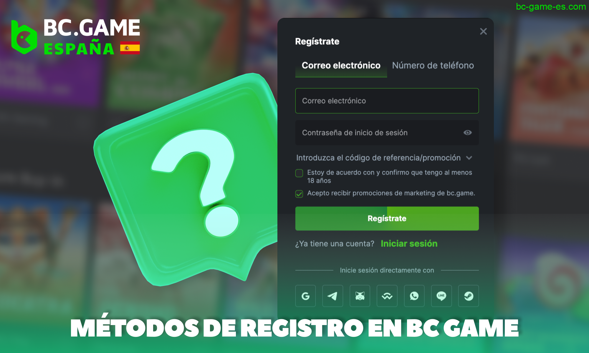 Métodos para crear una cuenta en la web de BC Game España